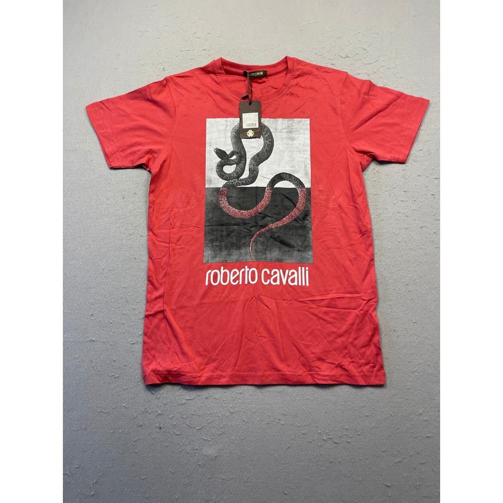 Roberto Cavalli T-shirt Knitted Cotton Red Snake Graphic Size Medium Mens